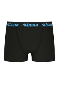 Boxers noirs avec une large ceinture élastique portant le mot "Athena" en bleu clair. Fabriqués en matériau doux et extensible.