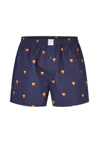Boxers pour hommes bleu marine avec une ceinture élastique et un motif de petits contenants rouges remplis de frites jaunes.