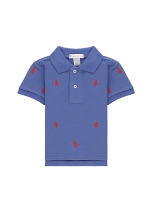 Maglietta polo a maniche corte blu con loghi di cavallo ricamati in rosso, due bottoni e colletto, adatta per bambini.