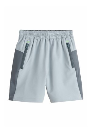 Light grey athletic shorts with dark grey side panels, elastic waistband, and zippered pockets on both sides.