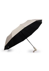 Ombrello con una parte superiore beige e un lato inferiore nero, dotato di una robusta struttura nera e di un manico beige, progettato per proteggere dalla pioggia o dal sole.
