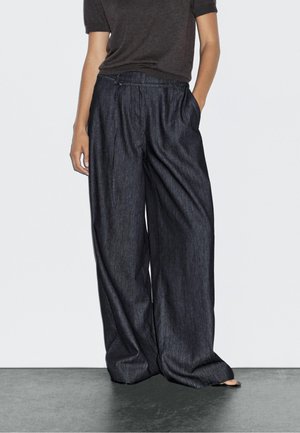 Massimo Dutti HIGH-WAIST WIDE-LEG WITH BELT - Stoffhose - mottled dark blue