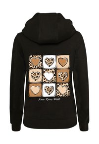 Czarna bluza z kapturem z grafiką na plecach przedstawiającą siatkę serc w różnych kolorach i wzorach, w tym w cętki i jednolitych odcieniach.
