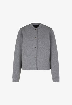 Veste en sweat-shirt grise avec un col rond et quatre boutons dorés. Dispose de deux poches latérales et d'un design court avec des poignets côtelés.