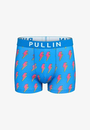 Boxers bleu présentant un motif répété d'éclairs en rose et jaune. Taille élastique avec "PULLIN" imprimé en blanc.