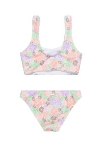 Blumiges Bikini-Set mit einer pastellfarbenen Palette aus orange, lila und grünen Blumen. Hergestellt aus glattem Stoff, beinhaltet ein kurzes Oberteil und passende Bikinis.