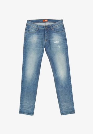 Blaue, ausgewaschene Slim-Fit-Jeans mit abgenutztem Detail am rechten Oberschenkel, fünf Taschen, Knopfverschluss und orangefarbenem Markenlabel auf dem inneren Bund.