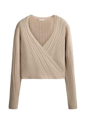 Bež rebrast pleten pulover z dolgimi rokavi in sprednjim delom v stilu zavijanja z V-izrezom, pokriva pas, izdelan iz mehke tkanine.