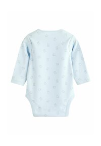 Bodysuit à manches longues bleu clair avec une texture douce, présentant un motif de teddy bears répété dans une teinte complémentaire. Fermeture à pression au bas.