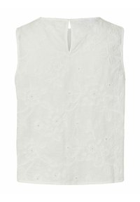 Haut blanc sans manches avec motif floral brodé et petite ouverture en forme de goutte d'eau à l'arrière du col.