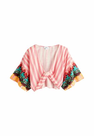 Ružová a biela pásikavá krátka blúzka s prekríženým predkom a širokými rukávmi zdobenými farebnými kvetinovými a geometrickými vzormi.