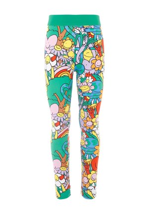 Leggings avec une ceinture verte et des imprimés floraux et de dessins animés colorés, présentant des motifs vibrants de sourires, de fleurs et d'éléments de la nature.