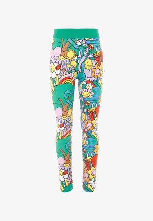 Leggings met een groene tailleband en kleurrijke bloemen- en cartoonprints, met levendige patronen van glimlachen, bloemen en natuurelementen.