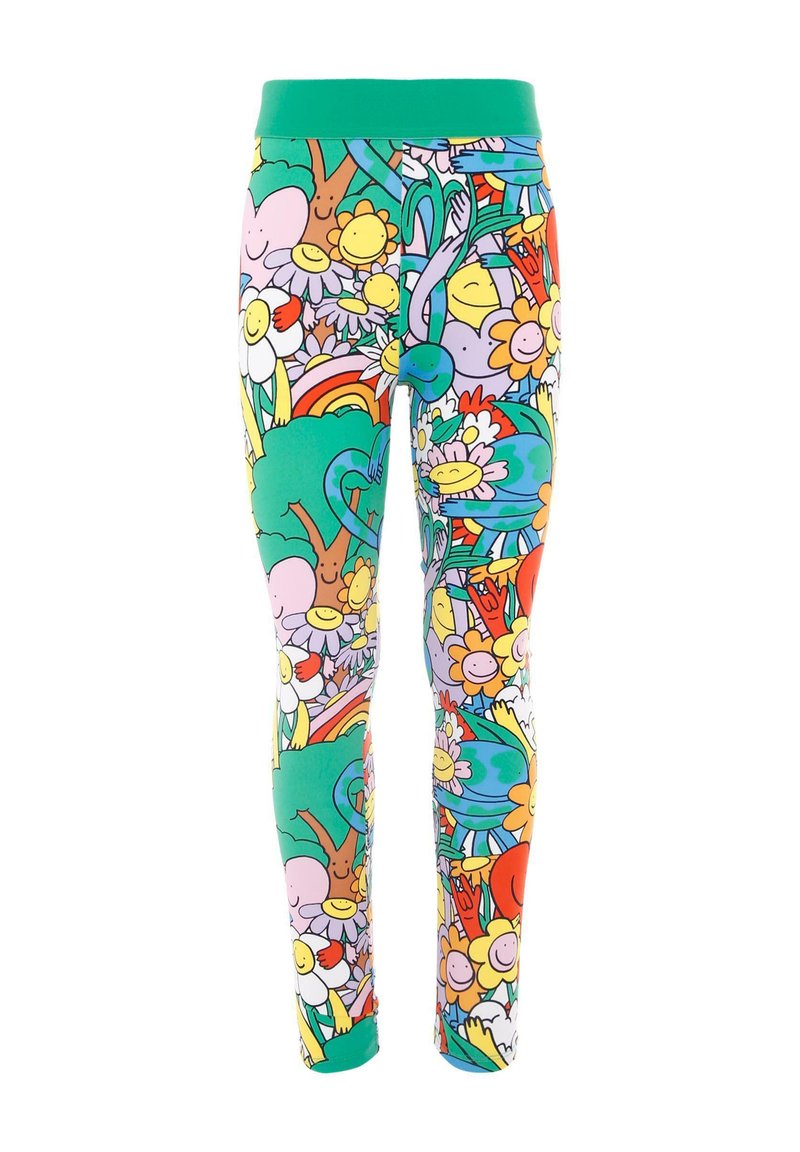 Legginsy z zielonym paskiem w talii i kolorowymi nadrukami kwiatowymi oraz z postaciami z kreskówek, z żywymi wzorami uśmiechów, kwiatów i elementów przyrody.