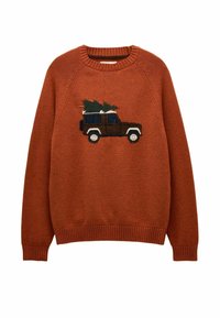 Rooibust värvusega sviiter, millel on soonikkoes käised ja ääred, ning mille esiküljel on tikkitud graafika sõidukist, mis kannab peal rohelist puud.