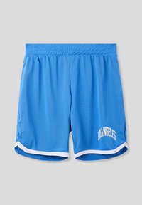 Shorts sportivi in rete blu con profili bianchi. Presentano una vita elastica e la scritta "LOS ANGELES" in lettere bianche sul lato sinistro in basso.