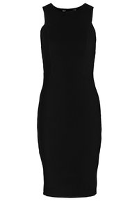 Vestido negro sin mangas de canalé con una silueta ajustada, diseño hasta la rodilla y textura suave, que presenta un escote redondo y sin adornos.