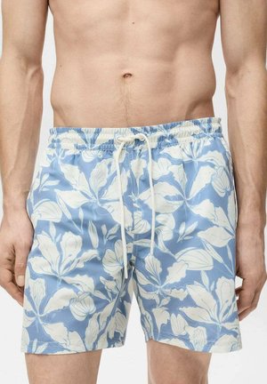 Blue floral swim shorts with a drawstring waist, featuring a lightweight, smooth fabric, and a white leaf pattern throughout.