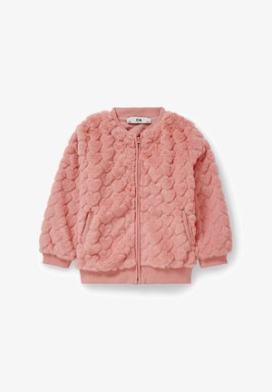 Veste rose duveteuse avec motifs en forme de cœur, fermeture éclair devant, deux poches latérales et poignets et ourlet côtelés pour tout-petits.