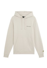 Sweatshirt à capuche en mélange de coton beige clair avec poche avant, cordons de serrage et logo brodé sur la poitrine ; présente des poignets et un ourlet côtelés.