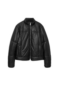 Sort læderjakke med lynlås foran, høj krave og polstret design. Har to sidelommer og en kortet kant.