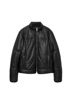 Black leather jacket with a zippered front, high collar, and padded design. Features two side pockets and a cropped hem.