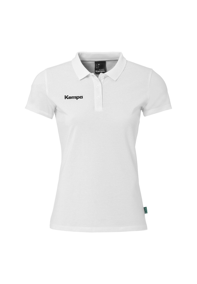 Hvid polo-shirt lavet af bomuld med krave og korte ærmer. Har et sort "Kempa" logo på venstre side.