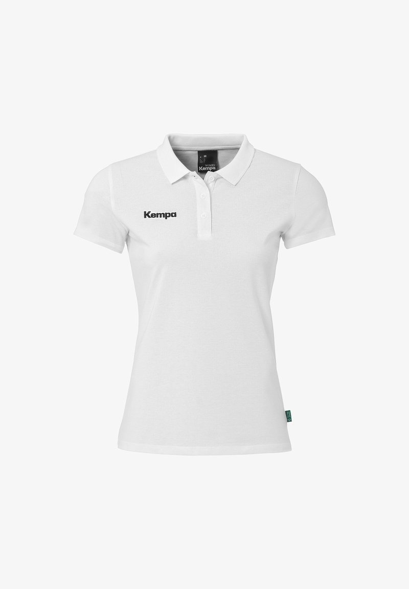 Weißes Poloshirt aus Baumwolle mit Kragen und kurzen Ärmeln. Mit einem schwarzen "Kempa"-Logo auf der linken Seite.
