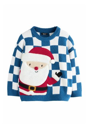 Strickpullover mit einem blau-weißen Karomuster, versehen mit einer strukturierten Santa-Applikation in Rot und Weiß, einschließlich eines schwarzen Gürtels und einer winkenden Hand.