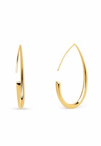 Pendientes de aro de oro con una forma de gota alargada y elegante. Acabado liso y brillante con un diseño abierto, que presenta una ligera curva en la parte superior.