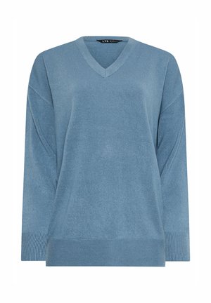 Blå V-hals sweater lavet af strikstof, med lange ærmer, ribbet kant og manchetter, samt et afslappet fit design.