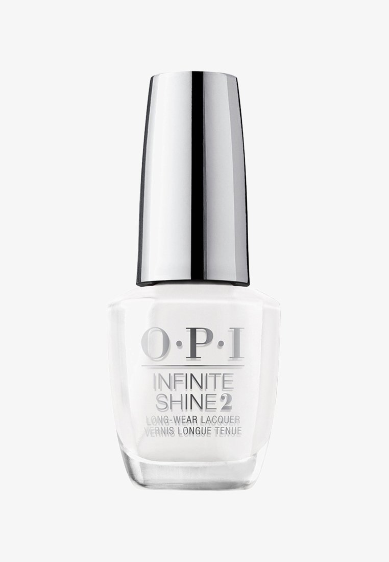 Vernis à ongles OPI Infinite Shine2 longue tenue dans une bouteille blanche brillante avec un capuchon argenté, comportant un verre transparent et des étiquettes imprimées.