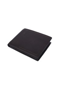 Portafoglio in pelle marrone con una texture liscia, design pieghevole, cuciture visibili e un logo sottile. Presenta diversi scomparti per carte e banconote.