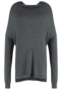 Mörkgrå oversized tröja med en lös huva, långa ärmar och ribbad nederkant. Mjuk textur och minimalistisk design.