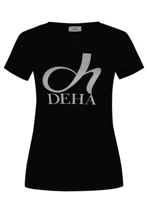 T-shirt en coton noir à manches courtes, avec un grand logo graphique argenté "h DEHA" sur le devant. Texture lisse, coupe classique.