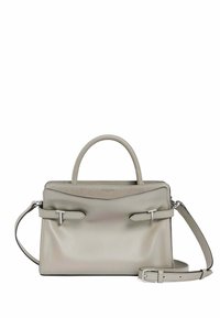 Borsa a tracolla in pelle grigia con una forma strutturata, manici superiori e una tracolla staccabile. Presenta due dettagli con fibbia e una texture liscia.
