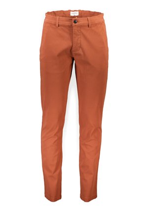Orange bomuldsbukser med slim fit, der har en frontknaplukning, standardlommer og en glat tekstur.