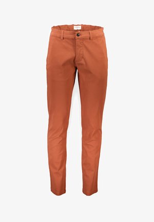 Pantalones de algodón naranja con corte ajustado, que presentan un cierre delantero con botón, bolsillos estándar y una textura suave.