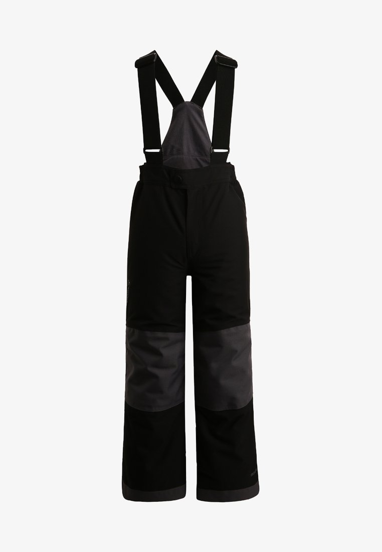 Pantaloni da neve neri impermeabili con spalline nere regolabili, dettagli grigi e design a gamba larga. Presentano una vita robusta e tasche laterali.