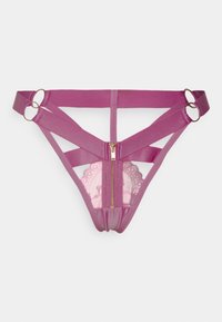 Pink lingerie featuring a sheer lace back, satin straps, gold-tone hardware, and a front zipper. Strappy design adds visual interest.