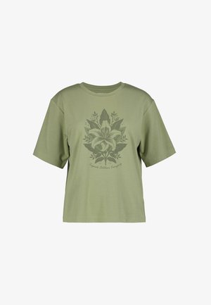 Olijfgroen katoenen T-shirt met een losse pasvorm, korte mouwen en een bloemrijke grafische print met een lelie en omringende bladeren.