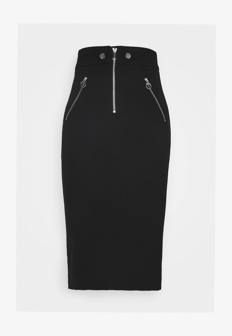Jupe crayon noire taille haute avec fermeture éclair à l'avant, deux poches zippées en diagonale et deux boutons-pression sur la ceinture.