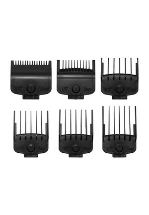 Zes magnetische zwarte tondeuse-opschuifkammen met maatmarkeringen van 1,5 mm tot 13 mm, gerangschikt in twee rijen op een witte achtergrond.