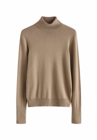 Beidzēta turtlenecka džemperis, izgatavots no mīksta adījuma auduma, ar garām piedurknēm un ribotiem aproču un kakla akcentiem.