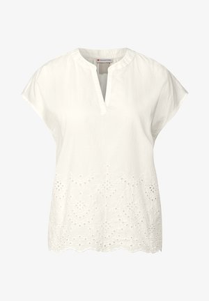 Witte blouse met korte mouwen, voorzien van een notch halslijn en geborduurde oogjes langs de zoom, met een gegolfde rand.