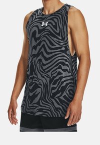 Black and gray sleeveless tank top with a zebra stripe pattern, made of soft fabric; features a round neck and wide armholes.