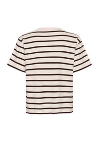 Chemise blanche à manches courtes avec des rayures noires horizontales, vue de dos.