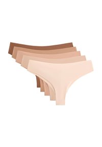 Zes paar naadloze onderbroeken in verschillende tinten nude, met een zachte stof, een gladde tailleband en een minimalistisch ontwerp.