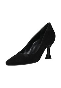 Černý semišový lodička na vysokém podpatku s špičatou špičkou a výrazným designem podpatku ve tvaru přesýpacích hodin. Hladká textura s jemnou siluetou.