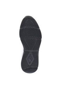 Suela de zapato de goma negra con un patrón de tracción en zigzag y un emblema central en forma de diamante. Diseñada para proporcionar agarre y durabilidad.